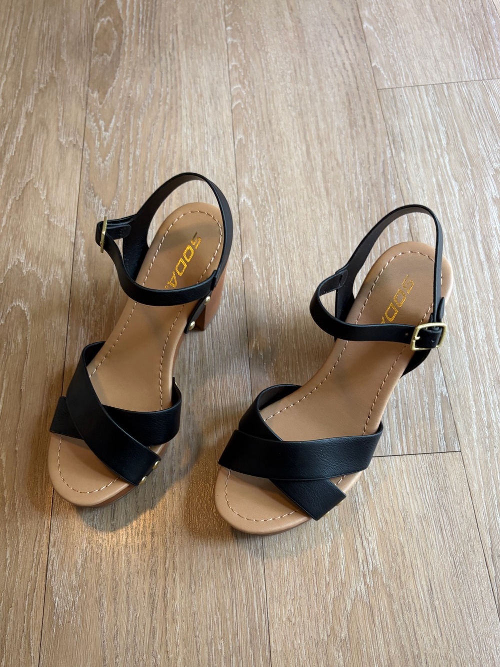 Black & Tan Cross-Strap Block Heel Sandals - Picture 4 of 8